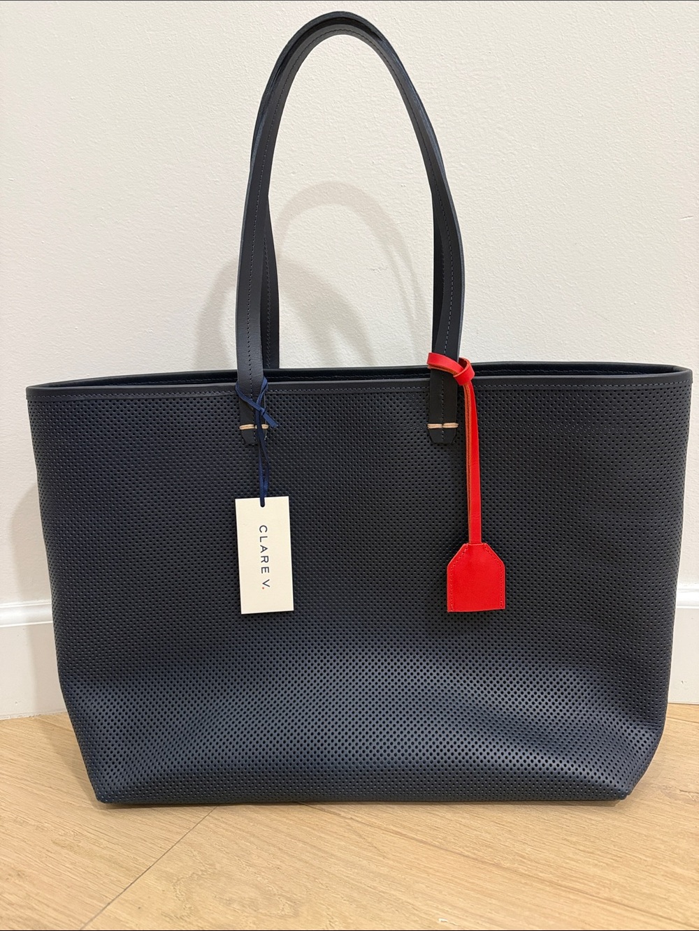 Clare V Navy Perforated Tote with Red Tag